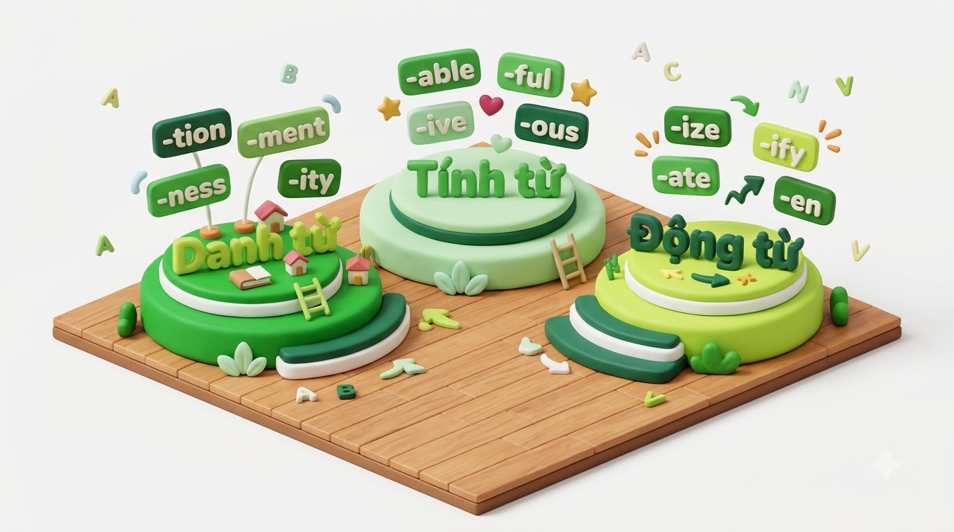 Phân loại các hậu tố phổ biến giúp nhận diện từ loại nhanh chóng trong bài thi. các hậu tố thông dụng trong tiếng anh giúp nhận diện từ loại chính xác