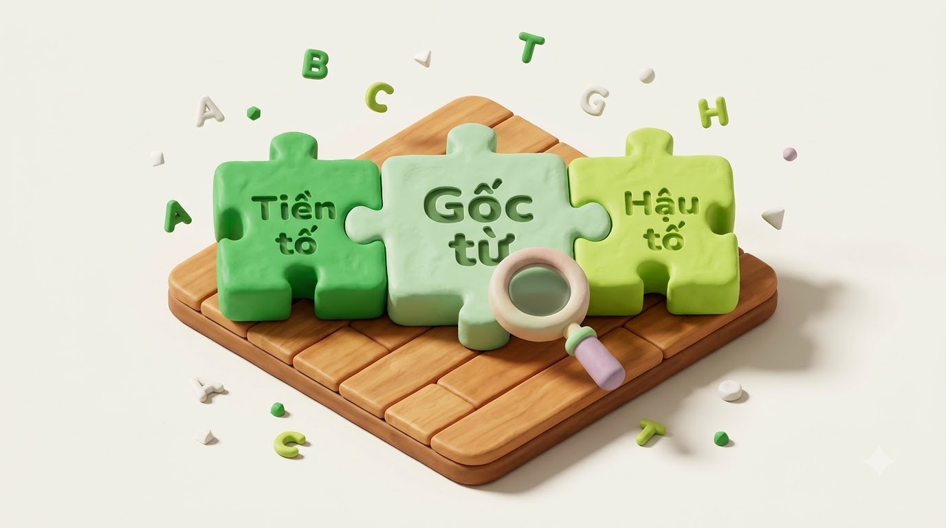 Mô hình 3 khối tạo từ: Tiền tố điều chỉnh nghĩa, Gốc từ trung tâm và Hậu tố. công thức liên kết giữa tiền tố hậu tố và gốc từ trong tiếng anh