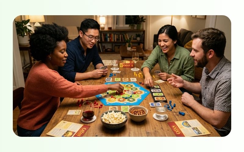 nhom ban tre vui ve choi board game mat doi mat quanh ban tra nhom ban tre vui ve choi board game mat doi mat quanh ban tra